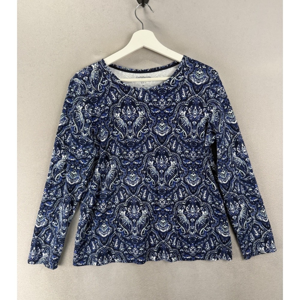 Croft & Barrow Petite Large Blue White Paisley Long Sleeve Cotton Tee Top